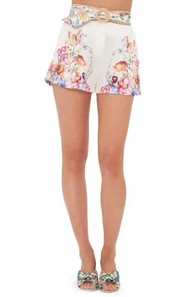 Camilla Plumes And Parterres Tuck Front Belted Linen Shorts In Multi