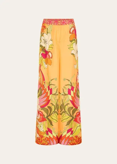 Camilla The Flower Child Society Wide-leg Silk Trousers In Orange