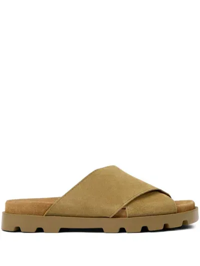 Camper Brutus Cross-strap Suede Slides In Brown