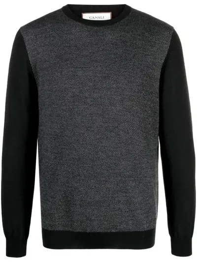 Canali Crew-neck Bi-colour Wool Jumper In Black