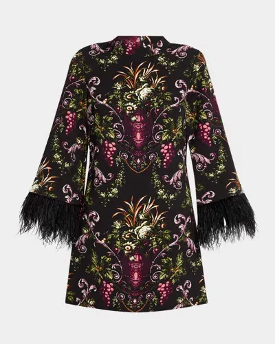 Cara Cara Vida Mock-neck Medallion-print Feather-trim Mini Dress In Black Fleur