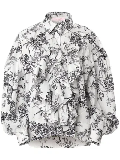 Carolina Herrera Ruffled Puff-sleeve Cotton Shirt In Black,white