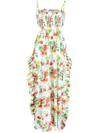 Caroline Constas Floral-print Smocked Dress In White