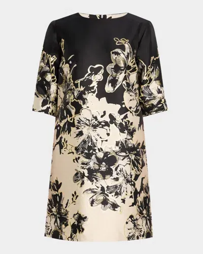 Caroline Rose Showstopper A-line Floral Jacquard Mini Dress In Champagne/black