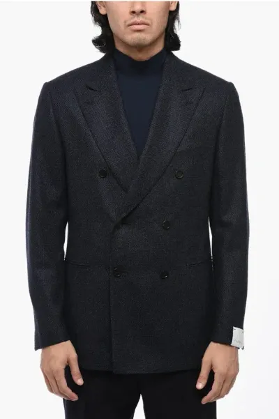 Caruso Wool And Nylon Double Breasted Blazer With Double Split In Black