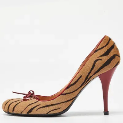 Pre-owned Casadei Brown/red Zebra Print Calfhair Pointed Toe Pumps Size 34