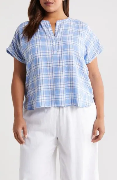 Caslon Short Sleeve Linen Blend Popover Top In Blue C- White Sutton Plaid