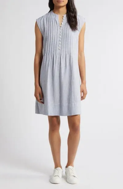 Caslon Stripe Pintuck Detail Linen Blend Dress In Blue Ensign- White Leah Stripe