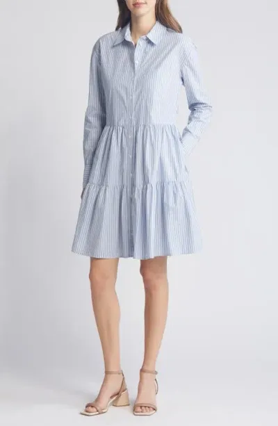 Caslon Stripe Tiered Long Sleeve Shirtdress In Blue S- White Cory Stripe