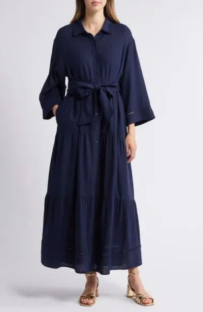 Caslonr Caslon(r) Belted Long Sleeve Linen Blend Maxi Shirtdress In Navy Blazer