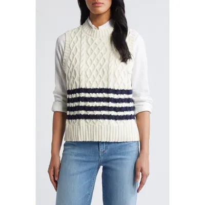 Caslonr Caslon(r) Cable Knit Pima Cotton Sweater Vest In Ivory Pristine- Navy Stripe