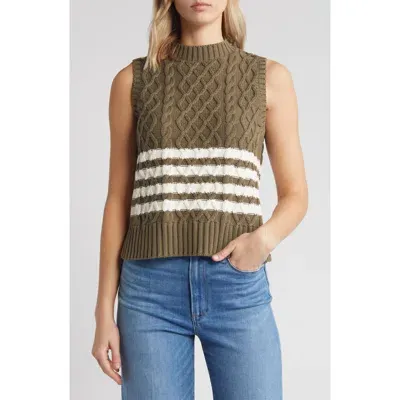 Caslonr Caslon(r) Cable Knit Pima Cotton Sweater Vest In Olive- Ivory Pristine Stripe