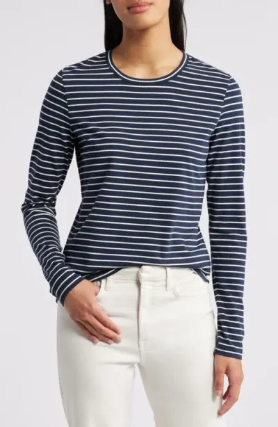 Caslonr Caslon(r) Crewneck Long Sleeve T-shirt In Navy- Ivory Carlotta Stripe