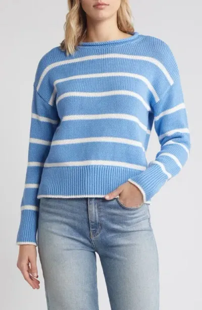 Caslonr Caslon(r) Easy Pima Cotton Roll Neck Sweater In Blue Lake- Ivory Cloud Stripe