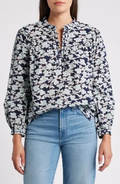 Caslonr Caslon(r) Floral Cotton Split Neck Top In Navy Blazer Sketched Blooms