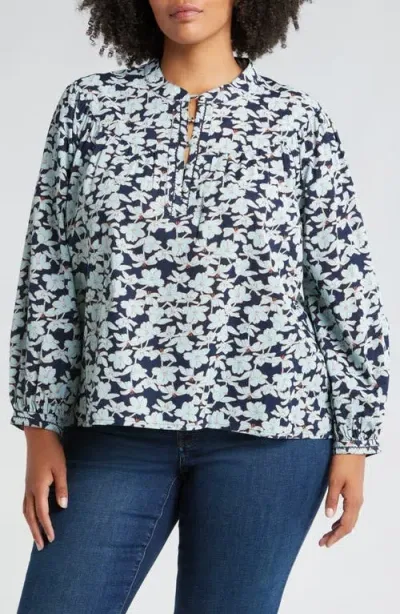 Caslonr Caslon(r) Floral Cotton Split Neck Top In Navy Blazer Sketched Blooms