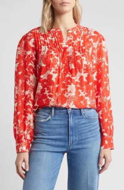 Caslonr Caslon(r) Floral Print Pleated Top In Pink- Red Small Zinnia Floral