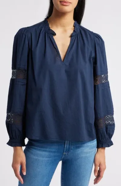 Caslonr Caslon(r) Lace Inset Long Sleeve Cotton Top In Navy Blazer