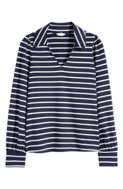 Caslonr Caslon(r) Long Sleeve Johnny Collar Polo In Navy- Ivory Josephine Stripe