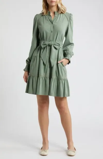 Caslonr Caslon(r) Long Sleeve Organic Cotton Belted Dress In Green Dune