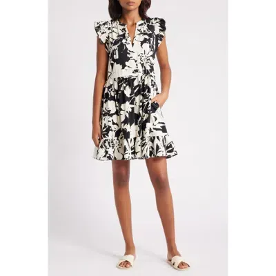 Caslonr Caslon(r) Print Ruffle Shoulder Minidress In Black/off White