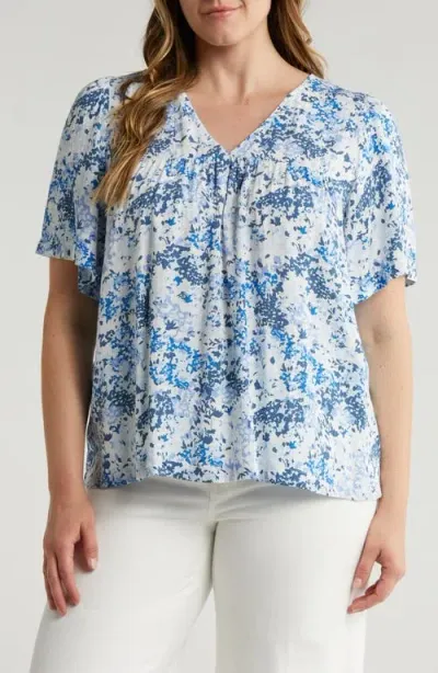 Caslonr Caslon(r) Print V-neck Gauze Top In Ivory- Blue Ditsy Meadow