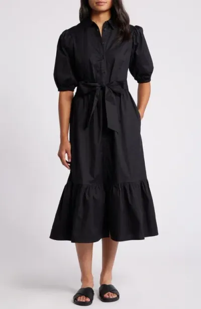 Caslonr Caslon(r) Puff Sleeve Stretch Cotton Shirtdress In Black