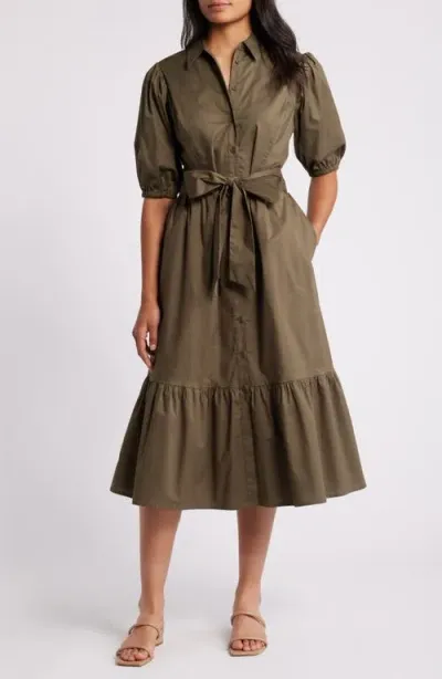 Caslonr Caslon(r) Puff Sleeve Stretch Cotton Shirtdress In Olive Sarma