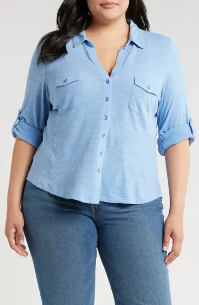 Caslonr Caslon(r) Roll Sleeve Knit Button-up Shirt In Blue Cornflower