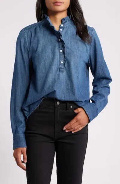 Caslonr Caslon(r) Ruffle Chambray Top In Dark Wash