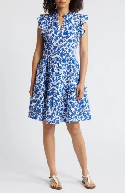 Caslonr Caslon(r) Ruffle Duo Cotton Gauze Dress In White- Blue Kindred Flower