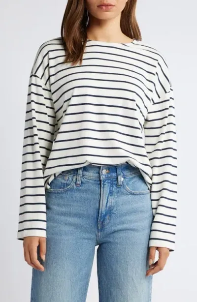 Caslonr Caslon(r) Stripe High-low Long Sleeve Jersey Top In Ivory- Navy Marina Stripe