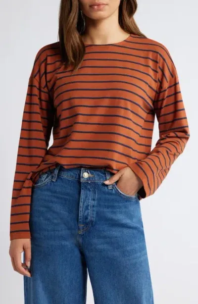 Caslonr Caslon(r) Stripe High-low Long Sleeve Jersey Top In Rust- Navy Marina Stripe