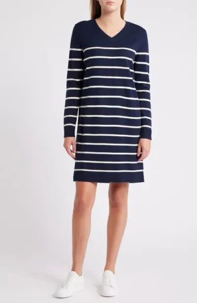 Caslonr Caslon(r) Stripe Long Sleeve Sweater Dress In Navy Blazer Ivory Stacy Stripe