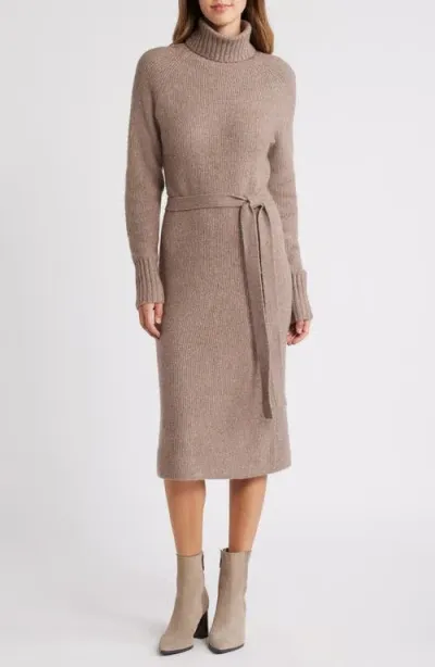 Caslonr Caslon(r) Tie Waist Long Sleeve Turtleneck Sweater Dress In Taupe Heather