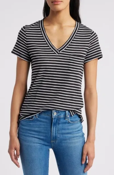 Caslonr Caslon(r) V-neck Short Sleeve Pocket T-shirt In Black- White Carlotta Stripe