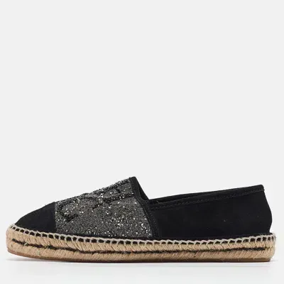 Pre-owned Ch Carolina Herrera Black Suede Crystal Embellished Espadrille Flats Size 38