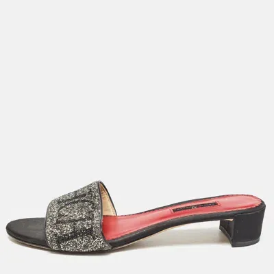 Pre-owned Ch Carolina Herrera Black/silver Glitter And Satin Slides Size 39