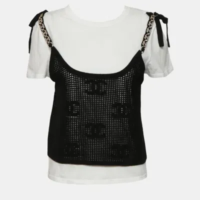 Pre-owned Chanel 22c Runway Cc Logo Crotchet Knit Overlay T-shirt In Black