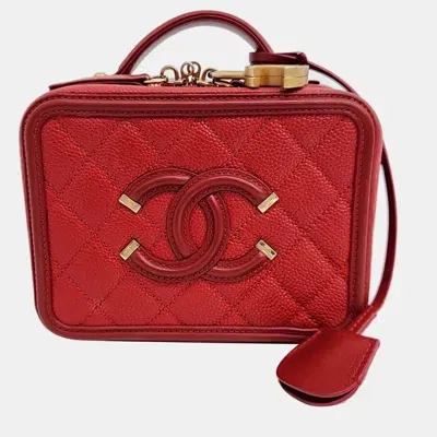 Pre-owned Chanel Caviar Mini Cosmetic Tote Bag In Red