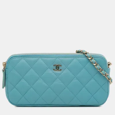 Pre-owned Chanel Cc Lambskin Double Zip Wallet On Chain In Blue