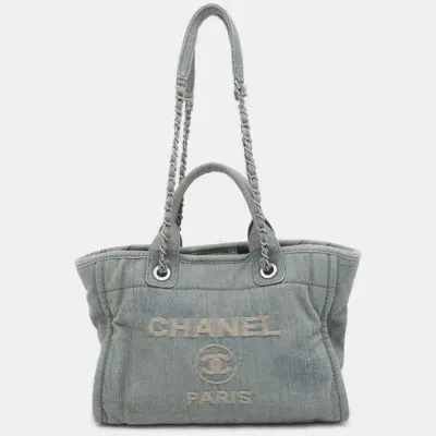 Pre-owned Chanel Deauville Coco Mark Small Tote Bag In Blue