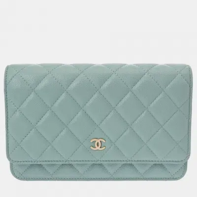 Pre-owned Chanel Light Blue Caviar Skin Matelasse Classic Chain Wallet