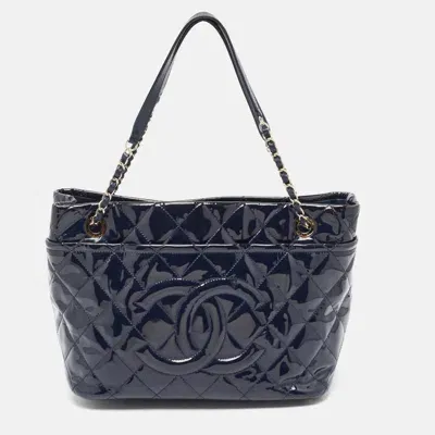 Pre-owned Chanel Navy Blue Quilted Patent Leather Timeless Cc Shopper Tote