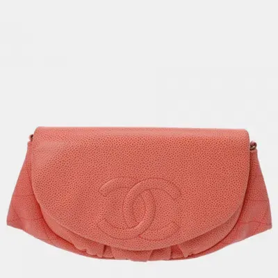 Pre-owned Chanel Orange Caviar Skin Half Moon Chain Wallet