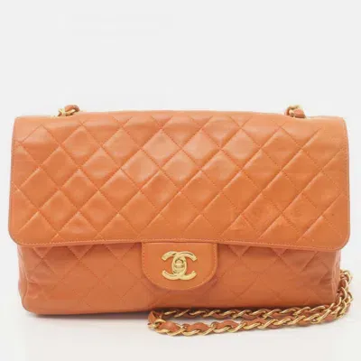 Pre-owned Chanel Orange Lambskin Matelasse Shoulder Bag