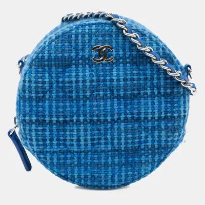 Pre-owned Chanel Quilted Tweed Round Clutch With Chain In Blue