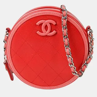 Pre-owned Chanel Red Quilted Lambskin Color Pop Round Clutch With Chain