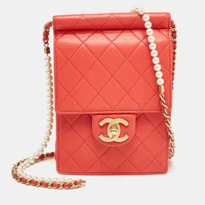 Pre-owned Chanel Red Quilted Leather Vertical Pearl Chain Clutch