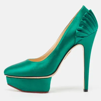 Pre-owned Charlotte Olympia Green Satin Paloma Platform Pumps Size 37.5